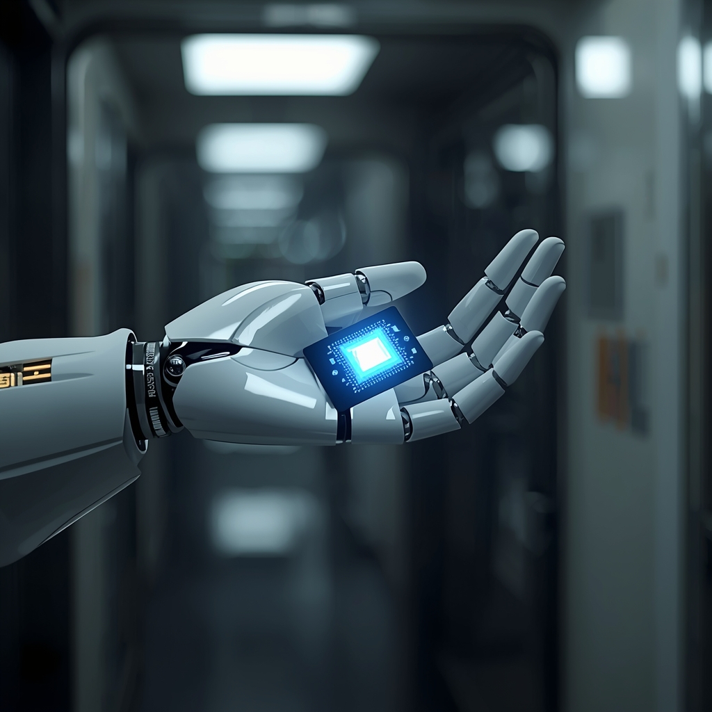 A sleek robotic arm holding a glowing microchip, futuristic industrial setting, clean metallic surfaces, soft focus background